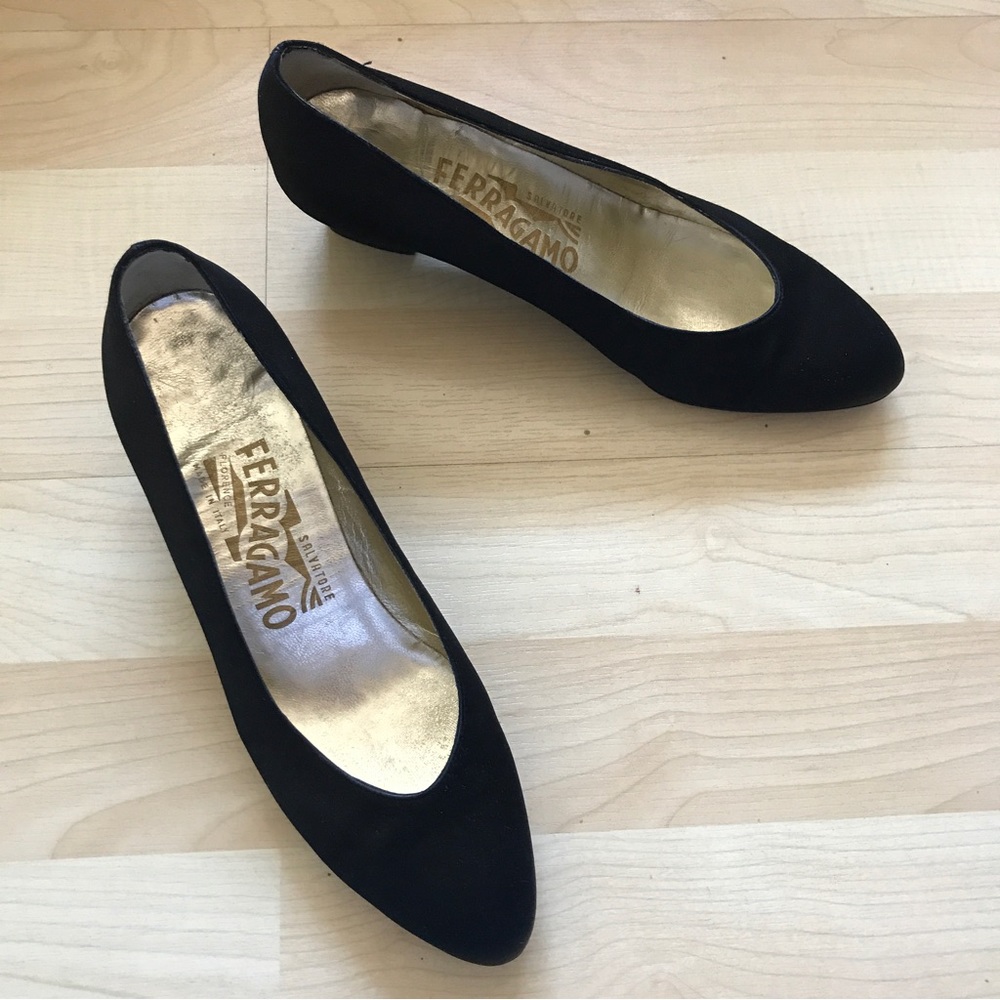 Salvatore Ferragamo Satin Round Toe Block Heel Dress Pumps Black Women’s 5 B